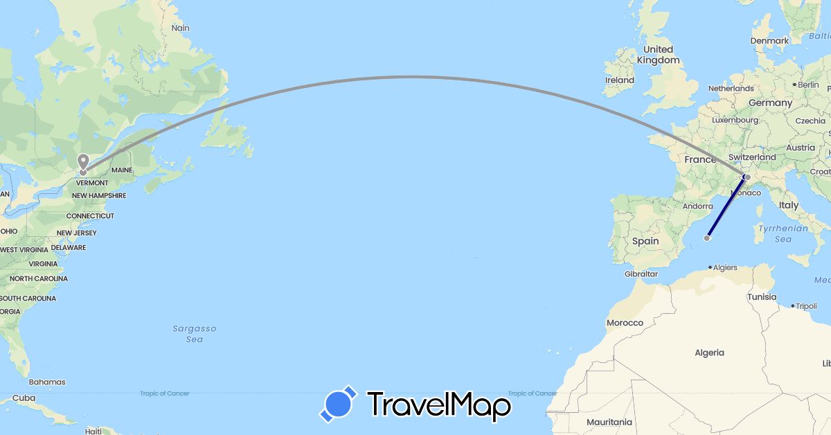 TravelMap itinerary: driving, plane in Canada, Spain, Italy (Europe, North America)